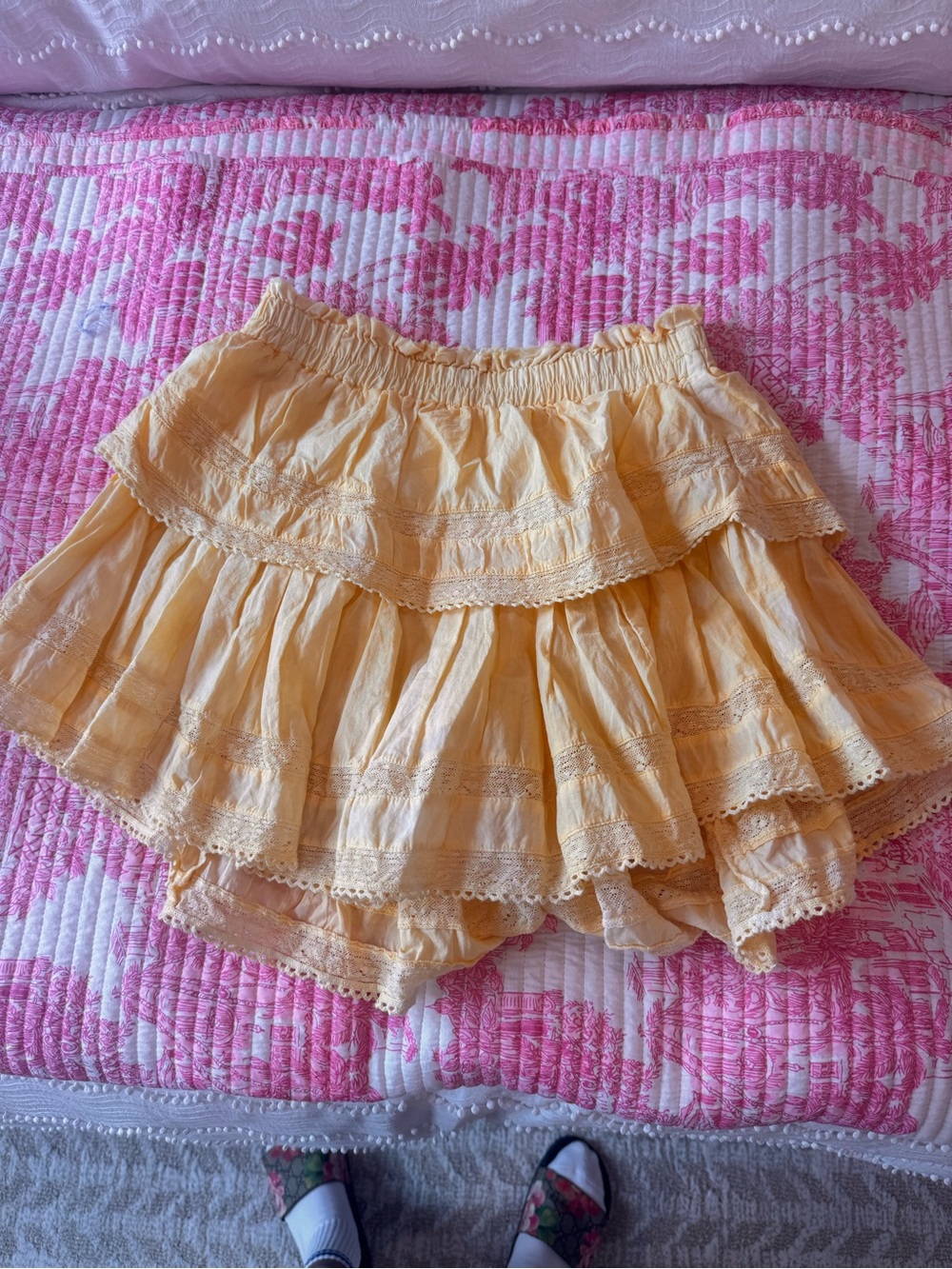 LoveShackFancy Yellow Tiered Lace Mini Skirt